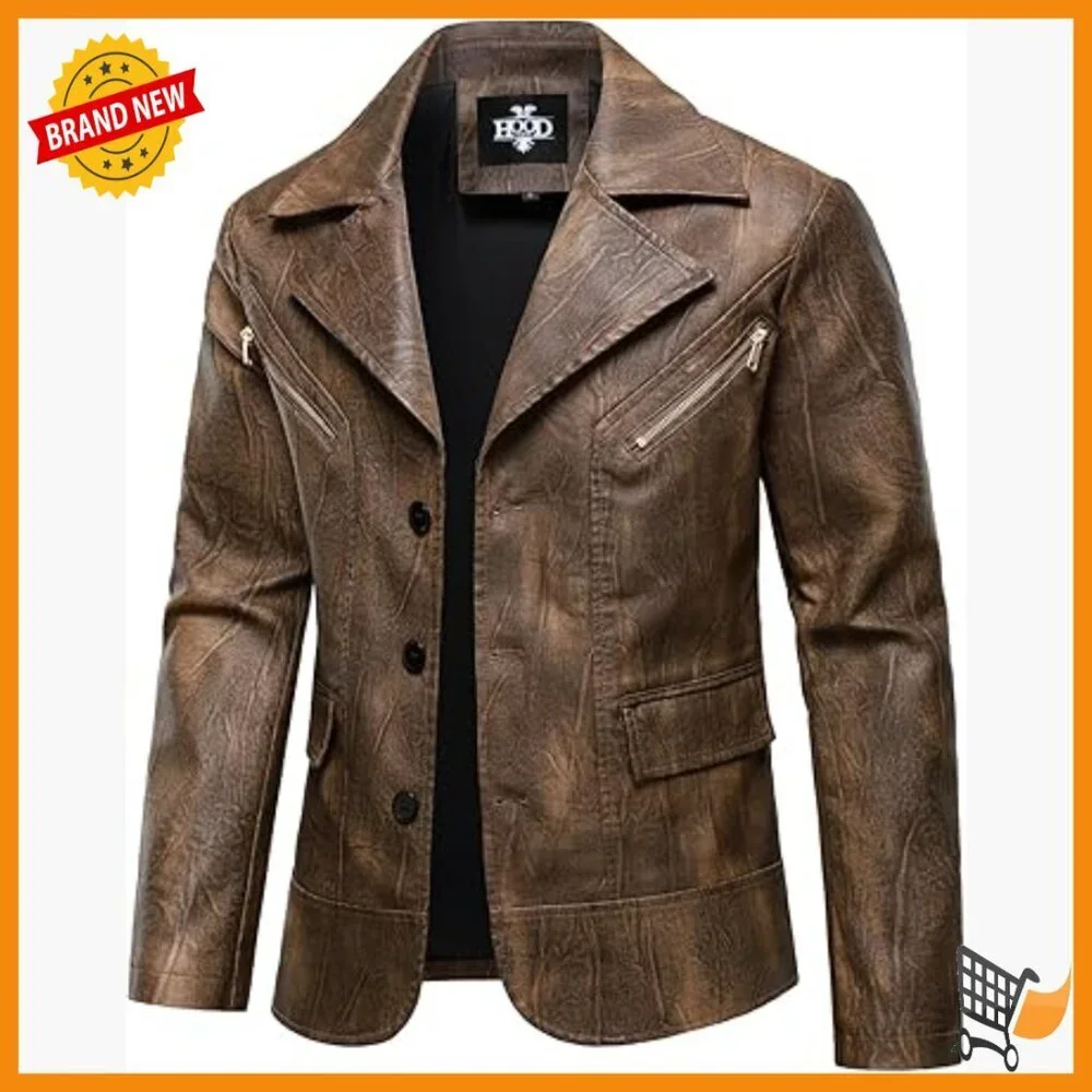 Men's Faux Leather Blazer Jacket Regular Fit Long Sleeve Button Closure